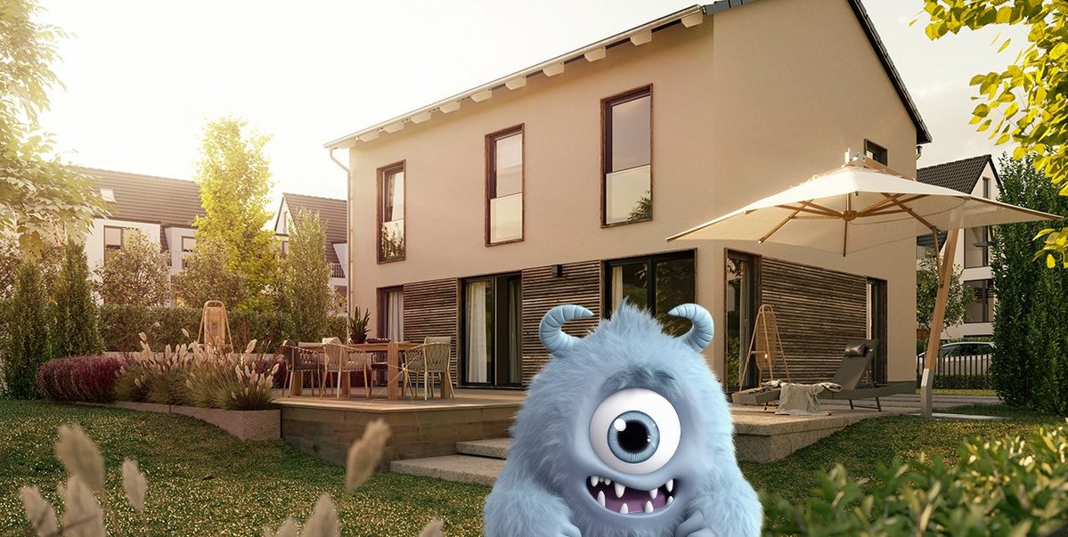 Ratenfresser Tiny im Garten vor dem Flair 152 mit Satteldach in Abendstimmung